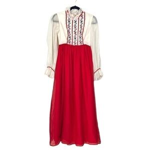 Vintage Union Made 70s Embroidered Empire Waist Ruffle Neck Maxi Dress Lined